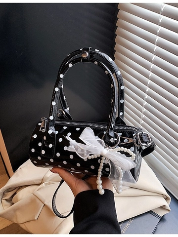 Women Polka Dot Barrel Bag PU Leather Crossbody Bag With Mesh Bow Pearl Pendant Retro Sweet Shoulder Bag For Daily Fashion