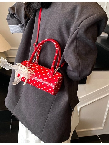 Women Polka Dot Barrel Bag PU Leather Crossbody Bag With Mesh Bow Pearl Pendant Retro Sweet Shoulder Bag For Daily Fashion