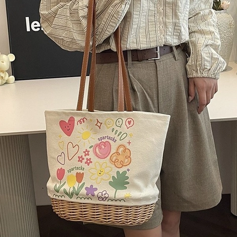 Borsa Tote da Donna Casual in Tela Intrecciata Patchwork Grande Capacità Carino Cartone Animato Gatto Floreale Borsa a Tracolla in Paglia