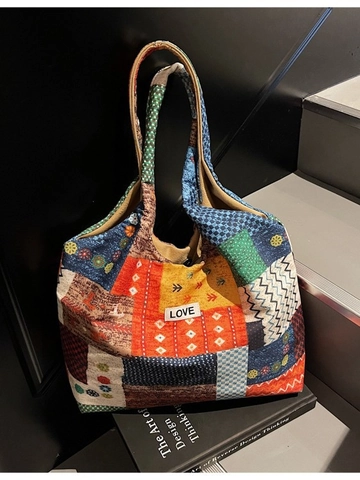 Γυναικεία Ρετρό Τσάντα Tote από Καμβά Patchwork Μεγάλης Χωρητικότητας Έθνικ Στυλ Ριγέ Τσάντα Ώμου Με Patch Love Για Καθημερινές Διακοπές