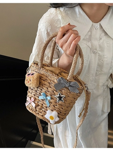 Borsa a Secchiello in Paglia Intrecciata a Mano Donna Con Orsetto e Fiocco Piccola Borsa a Tracolla da Spiaggia Moda per Vacanza