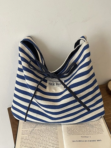 Large Capacity Striped Canvas Tote Bag Reversible Shoulder Bag With Bow Decoration For Women Casual Daily Travel