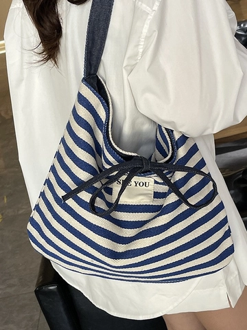 Large Capacity Striped Canvas Tote Bag Reversible Shoulder Bag With Bow Decoration For Women Casual Daily Travel
