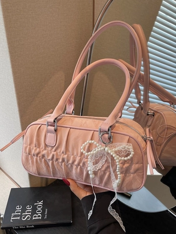 Women Ruched PU Leather Shoulder Bag With Artificial Pearl Lace Bowknot Charm Sweet Pleated Underarm Handbag Bowling Boston Bag