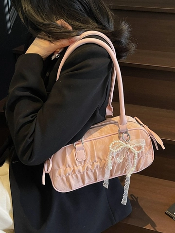 Women Ruched PU Leather Shoulder Bag With Artificial Pearl Lace Bowknot Charm Sweet Pleated Underarm Handbag Bowling Boston Bag