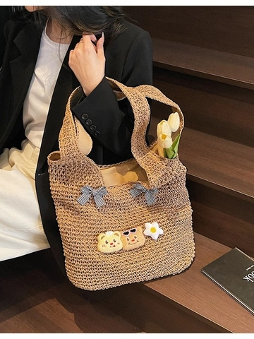 Dames Grote Strooien Tote Bag Strandtas Met Geruite Strikken En Schattige Pluche Beer Patches Pastorale Stijl Handtas