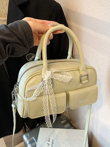 Bolso Boston Pequeño de Cuero PU para Mujer Estilo Coreano Con Lazo de Encaje Dulce Color Sólido Bolso Bandolera y de Mano Diario
