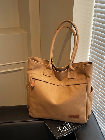 Damen Große Canvas Tote Bag Student Pendeln Einfarbig Schultertasche Mit Reißverschlusstasche Vorne Und Seitenfächern