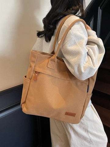Damen Große Canvas Tote Bag Student Pendeln Einfarbig Schultertasche Mit Reißverschlusstasche Vorne Und Seitenfächern