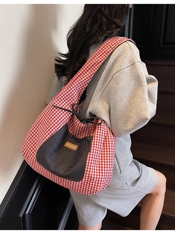 Women Denim Tote Bag Large Capacity Gingham Lining Casual Shoulder Bag Contrast Color Striped Drawstring Handbag For Daily