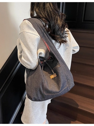 Women Denim Tote Bag Large Capacity Gingham Lining Casual Shoulder Bag Contrast Color Striped Drawstring Handbag For Daily