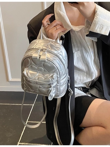 Trendy Women Mini Heart Quilted PU Leather Backpack Fashion Small Rucksack For Casual Travel Daily Use Silver Black Pink