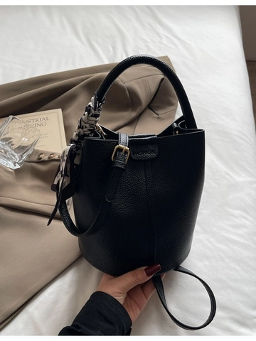 Fashion Women PU Leather Bucket Bag With Silk Scarf Decor Pebbled Texture Handheld Crossbody Shoulder Bag Casual Daily Handbag