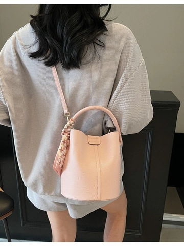 Fashion Women PU Leather Bucket Bag With Silk Scarf Decor Pebbled Texture Handheld Crossbody Shoulder Bag Casual Daily Handbag