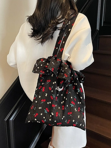 Women's Fresh Cherry Print Tote Bag With Ruffle Edge Canvas Cotton Fabric Large Capacity Casual Shoulder Bag Shopping Handbag