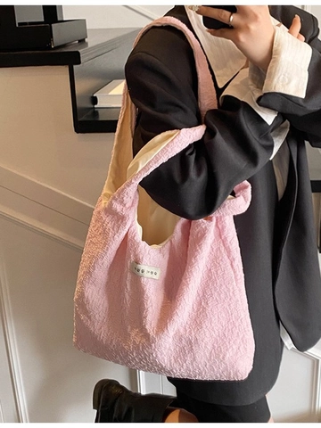 Women Large Capacity Tote Bag Popcorn Bubble Crinkle Texture Fabric Korean Style Casual Shoulder Handbag Daily School Bag