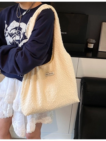Women Large Capacity Tote Bag Popcorn Bubble Crinkle Texture Fabric Korean Style Casual Shoulder Handbag Daily School Bag