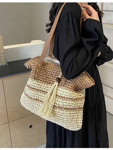 Sac Fourre-tout en Paille Tressée Rétro pour Femme Grande Capacité Rayé Épaule Sac Avec Franges Vacances Casual Sac à Main