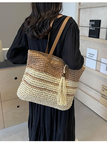Sac Fourre-tout en Paille Tressée Rétro pour Femme Grande Capacité Rayé Épaule Sac Avec Franges Vacances Casual Sac à Main