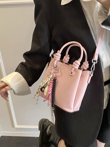 Women Minimalist PU Leather Bucket Bag Knotted Handle Crossbody Bag With Fashion Charms Daily Commuting Trendy Handbag
