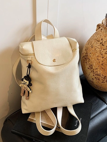 Women Fashion Niche Backpack Pleated PU Leather Bag High Capacity Travel School Bag With Cute Doll Pendant Girls Students Stylish Knapsack