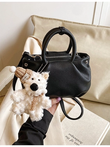 Women Pleated Bucket Bag Cute Bear Pendant PU Leather Litchi Texture Small Crossbody Bag Fashion Simple Handbag For Daily