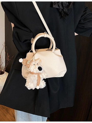 Women Pleated Bucket Bag Cute Bear Pendant PU Leather Litchi Texture Small Crossbody Bag Fashion Simple Handbag For Daily