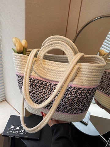 Grand Sac Cabas Tissé pour Femme en Corde de Coton Sac à Main Bohème de Plage Sac Seau Motif Géométrique Sac de Voyage