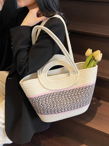 Grand Sac Cabas Tissé pour Femme en Corde de Coton Sac à Main Bohème de Plage Sac Seau Motif Géométrique Sac de Voyage