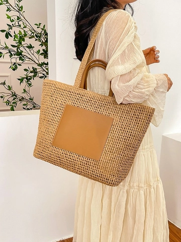 Bolsa Tote de Paja Tejida para Mujer de Gran Capacidad Playa Verano Vacaciones Bolso de Hombro Con Parche de Cuero Color de Contraste