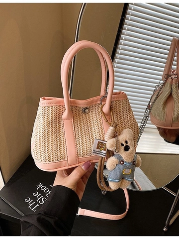 Women Straw Woven Crossbody Bag With Metal Chain Strap PU Leather Handle Small Bucket Beach Holiday Handbag Bear Charm