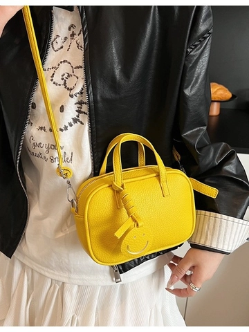 Borsa a Tracolla da Donna in Pelle PU Motivo Litchi Piccola Borsa a Mano Quadrata Con Ciondolo Faccina Sorridente Casual