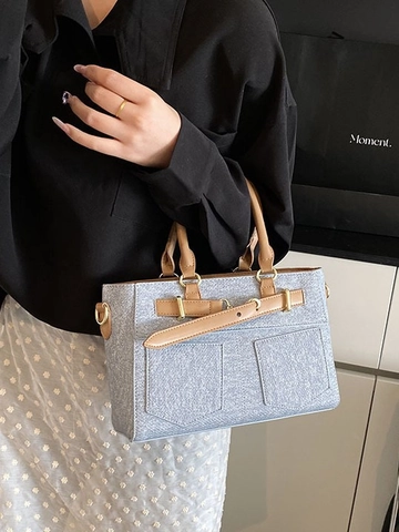 Bolso de Mano de Mujer de Cuero de PU Moda Contraste de Color Tote Bolso de Hombro Cruzado Con Hebilla Dorada Bolsillo Decorativo Estilo Urbano