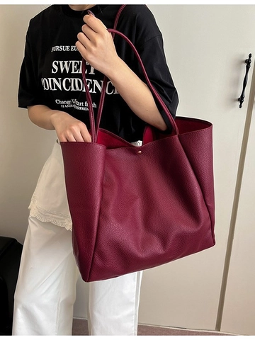 Bolso de Hombro de Cuero PU Suave Minimalista para Mujer Gran Capacidad Bolso Tote Grano de Guijarro Color Sólido Viaje