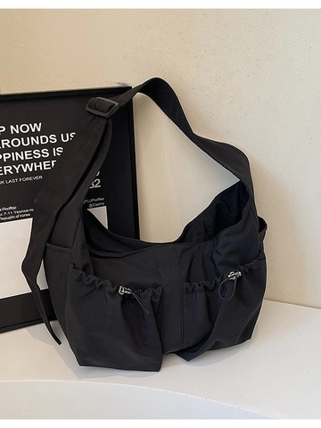 Women's Large Capacity Pleated Hobo Shoulder Bag Minimalist Nylon Crossbody Bag With Adjustable Wide Strap And Drawstring Pockets