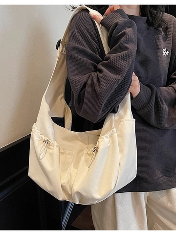 Women's Large Capacity Pleated Hobo Shoulder Bag Minimalist Nylon Crossbody Bag With Adjustable Wide Strap And Drawstring Pockets