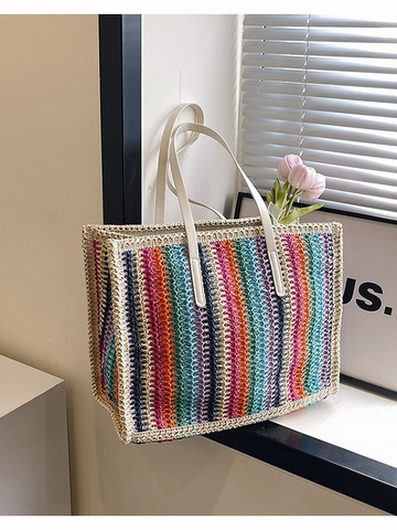 Women's Colorful Striped Hand Woven Straw Tote Bag Large Capacity Casual Beach Vacation Shoulder Bag With Zipper Closure