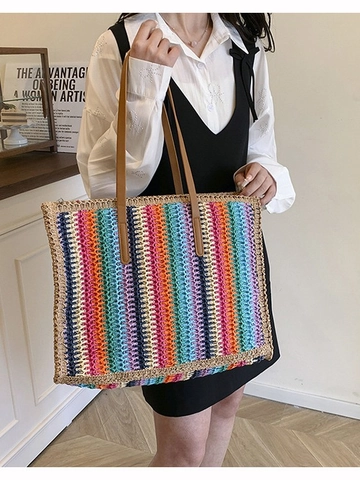 Women's Colorful Striped Hand Woven Straw Tote Bag Large Capacity Casual Beach Vacation Shoulder Bag With Zipper Closure