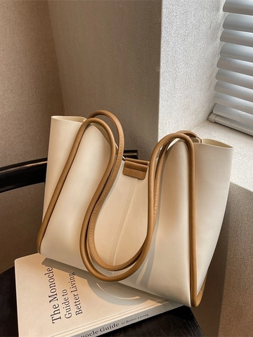 Grand Sac Cabas en Similicuir PU pour Femmes Sac à Épaule Couleur Contrastée Sac à Main Minimaliste Seau Élégant