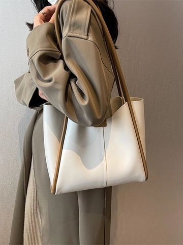 Grand Sac Cabas en Similicuir PU pour Femmes Sac à Épaule Couleur Contrastée Sac à Main Minimaliste Seau Élégant