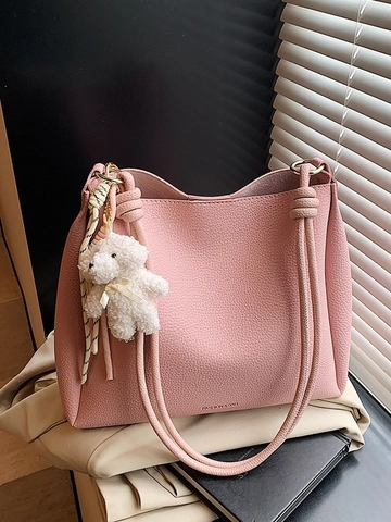 Sac Seau pour Femmes en Cuir PU Grain de Lychee Sac à Bandoulière Décontracté Minimaliste Avec Pendentif Ours en Peluche