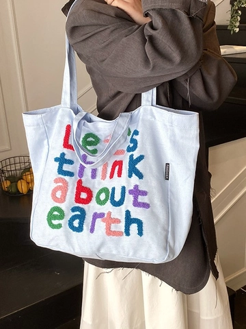 Bolso Tote de Lona de Gran Capacidad para Mujer Con Letras Bordadas de Felpilla de Colores Bolso de Hombro Casual