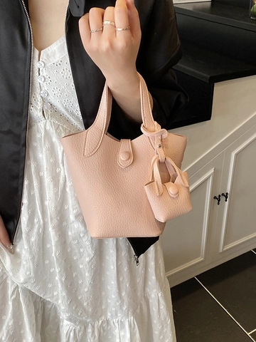 Borsa a Secchiello da Donna con Motivo Litchi e Mini Ciondolo Trendy in Pelle Sintetica Borsa a Tracolla Casual Tote
