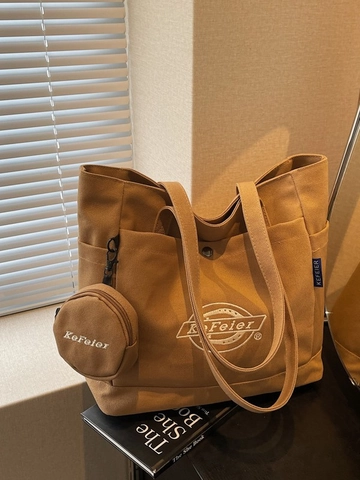 Large Capacity Canvas Tote Bag For Women Round Coin Purse Simple Commute Student Shoulder Handbag Fashion Shopper Bag