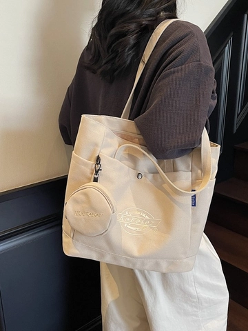Large Capacity Canvas Tote Bag For Women Round Coin Purse Simple Commute Student Shoulder Handbag Fashion Shopper Bag