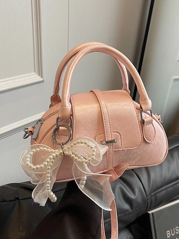 Bolso de Mano de Concha con Lazo Estilo Coreano para Mujer Cuero de PU Decoración de Perlas Artificiales y Cinta Bolso de Hombro Chic