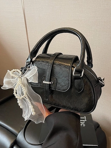 Bolso de Mano de Concha con Lazo Estilo Coreano para Mujer Cuero de PU Decoración de Perlas Artificiales y Cinta Bolso de Hombro Chic