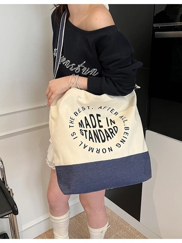 Sac Fourre-Tout en Toile et Denim Patchwork Grande Capacité Sac à Épaule Avec Bandoulière Réglable Imprimé Lettres Femme