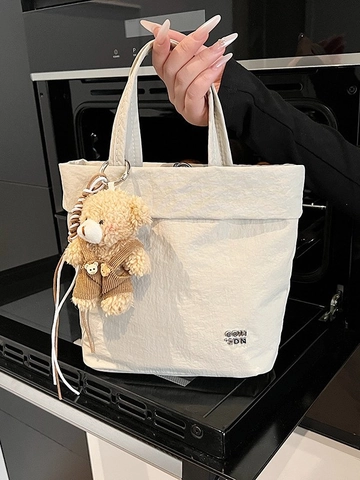 Women's Chic Wrinkled Fabric Tote Bag With Bear Charm Trendy Casual Shoulder Crossbody Bag Minimalist Cotton Handbag
