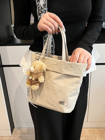 Women's Chic Wrinkled Fabric Tote Bag With Bear Charm Trendy Casual Shoulder Crossbody Bag Minimalist Cotton Handbag